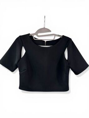 Aqua Womens Black Cold Shoulder Crop Top Short Sleeve Back Zip Size M